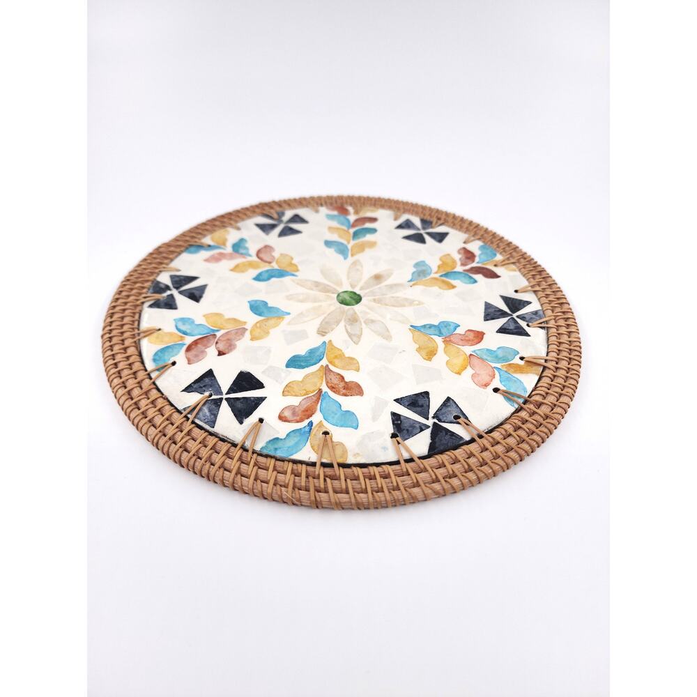 Handmade Vietnamese Mother of Pearl Inlay Trivet 9.75” with Rattan Border